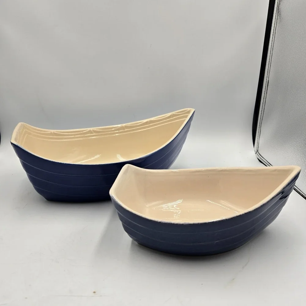 2 BCI Fabrique En Bretagne Pate Dish Baker Ceramic Boat Blue France Vintage